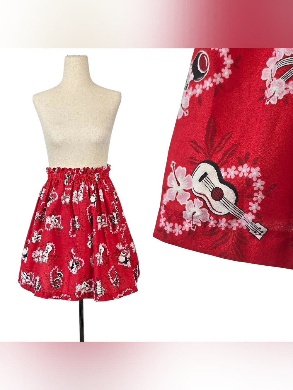 Y2k Hawaiian Print Mini Skirt 50s Vintage Inspired Red Ukelele Pink Hibiscus Lei